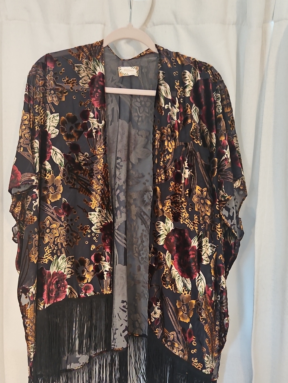 Floral Fringe Kimono Shrug - Black with Burgundy & Gold Accents